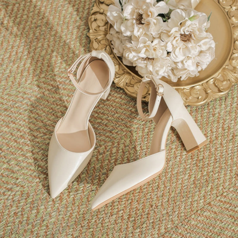 French Pointed Toe Block Heel Pumps