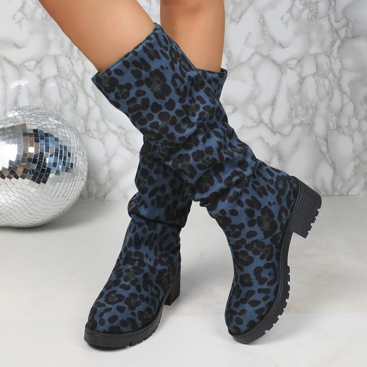 SUNKISSEDSTEP Women’s Leopard Print Tall Block Heel Boots