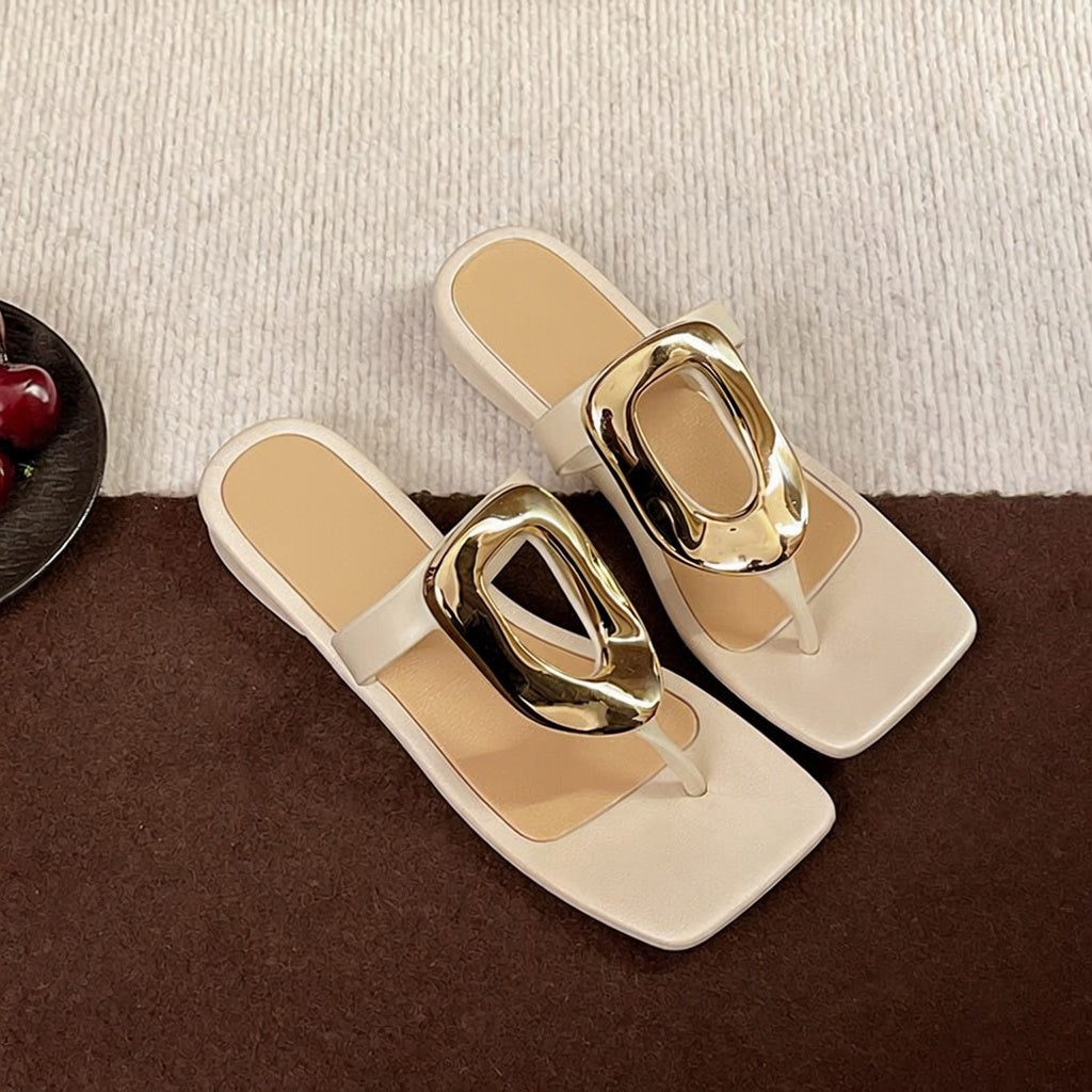 Metal Accent Square Toe Thong Sandals