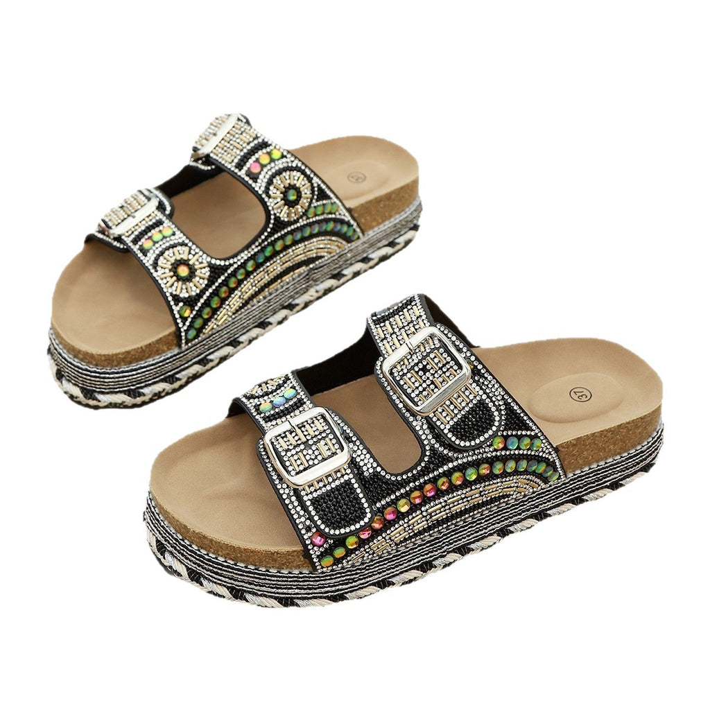 SUNKISSEDSTEP Women’s Rhinestone Double Buckle Platform Slides