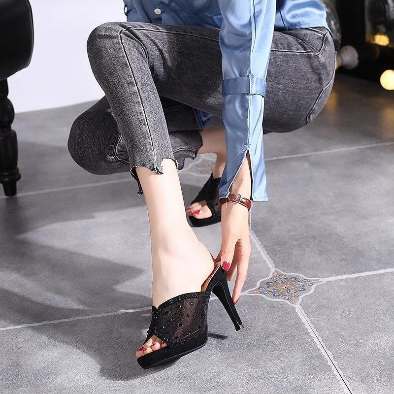 Mesh Peep-Toe Stiletto Slide Sandals