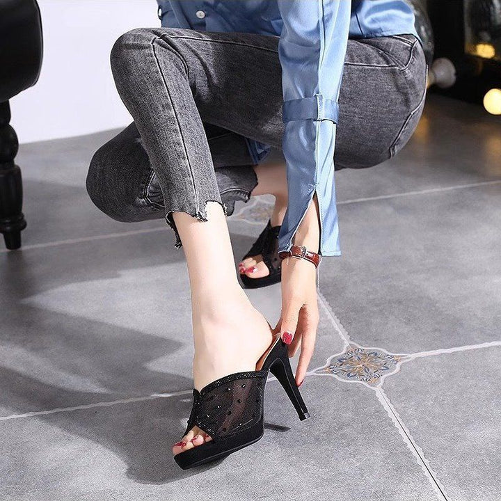 Mesh Peep-Toe Stiletto Slide Sandals