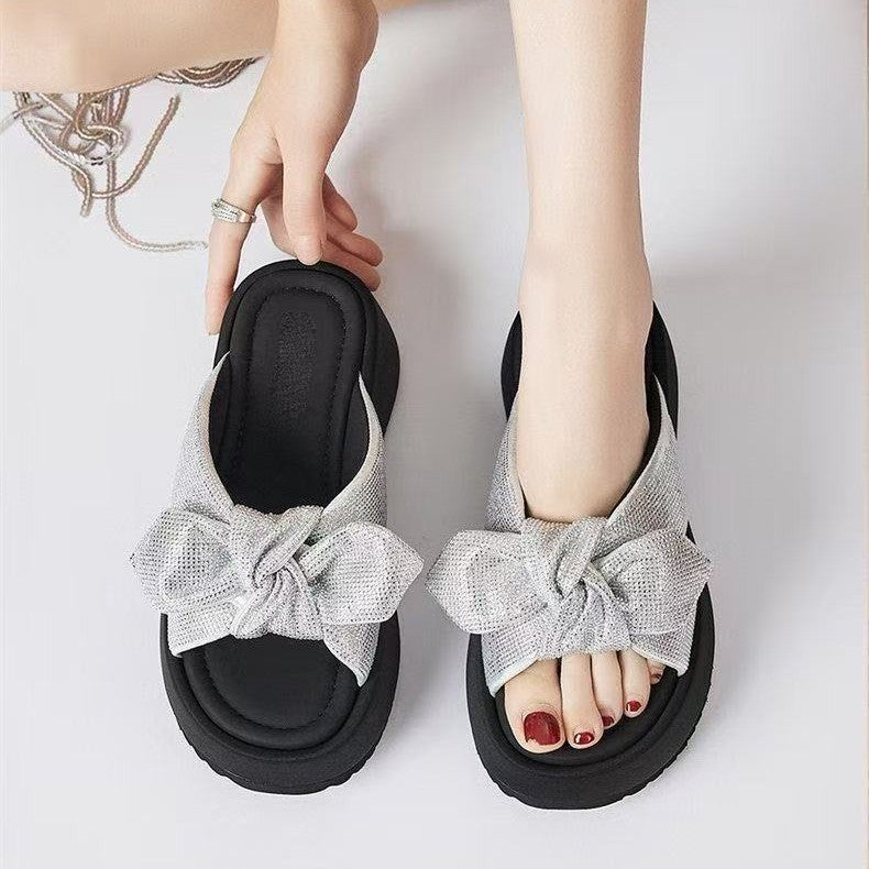 Crystal Bow Platform Slide Sandals