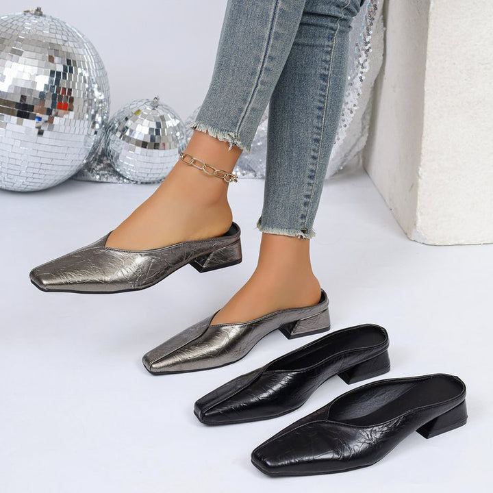 SUNKISSEDSTEP Women’s Metallic Square-Toe Mule Heels