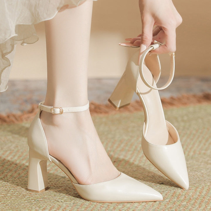 French Pointed Toe Block Heel Pumps