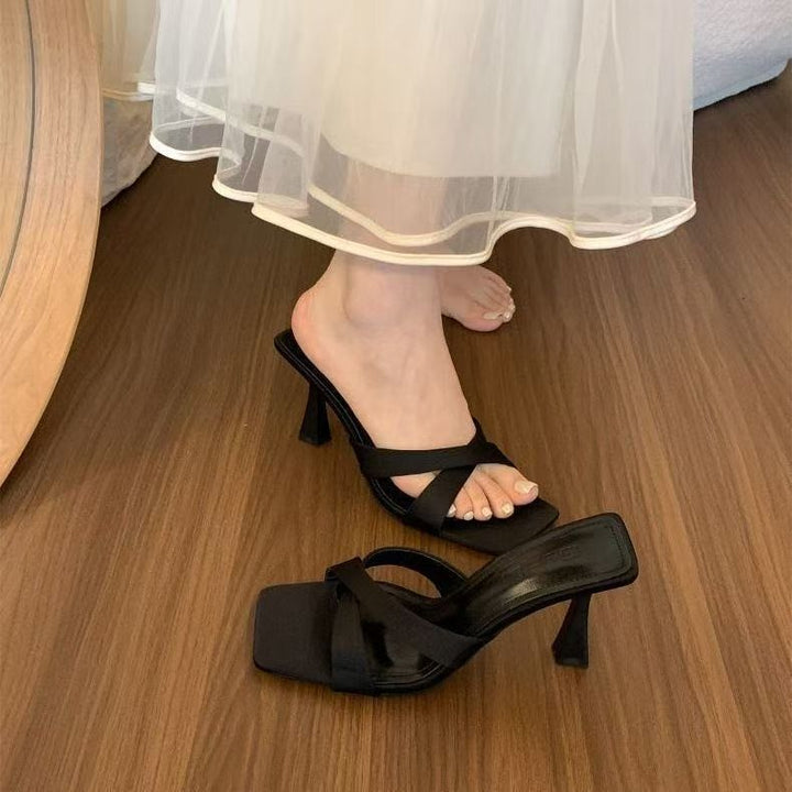 Cross-Strap Square Toe Kitten Heel Slide Sandals