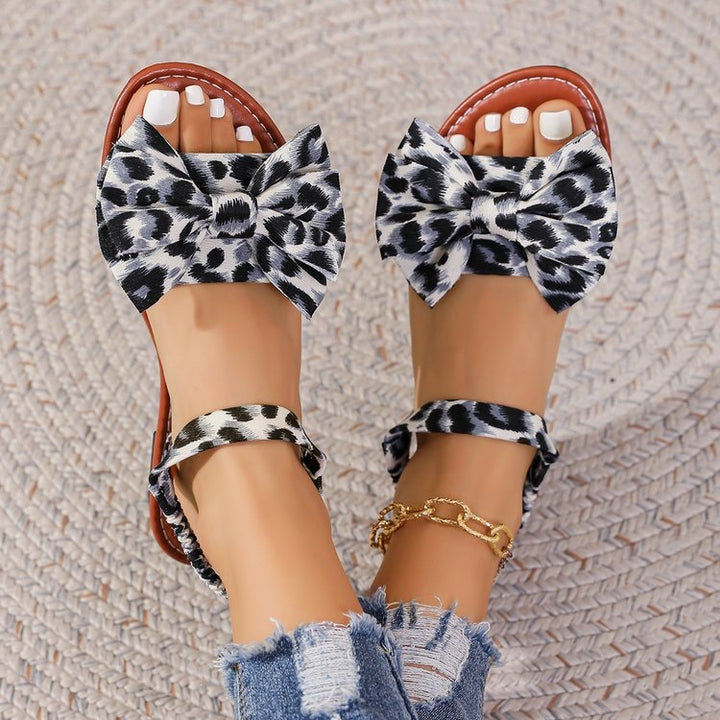 SUNKISSEDSTEP Women’s Bow Strap Leopard Print Flat Sandals
