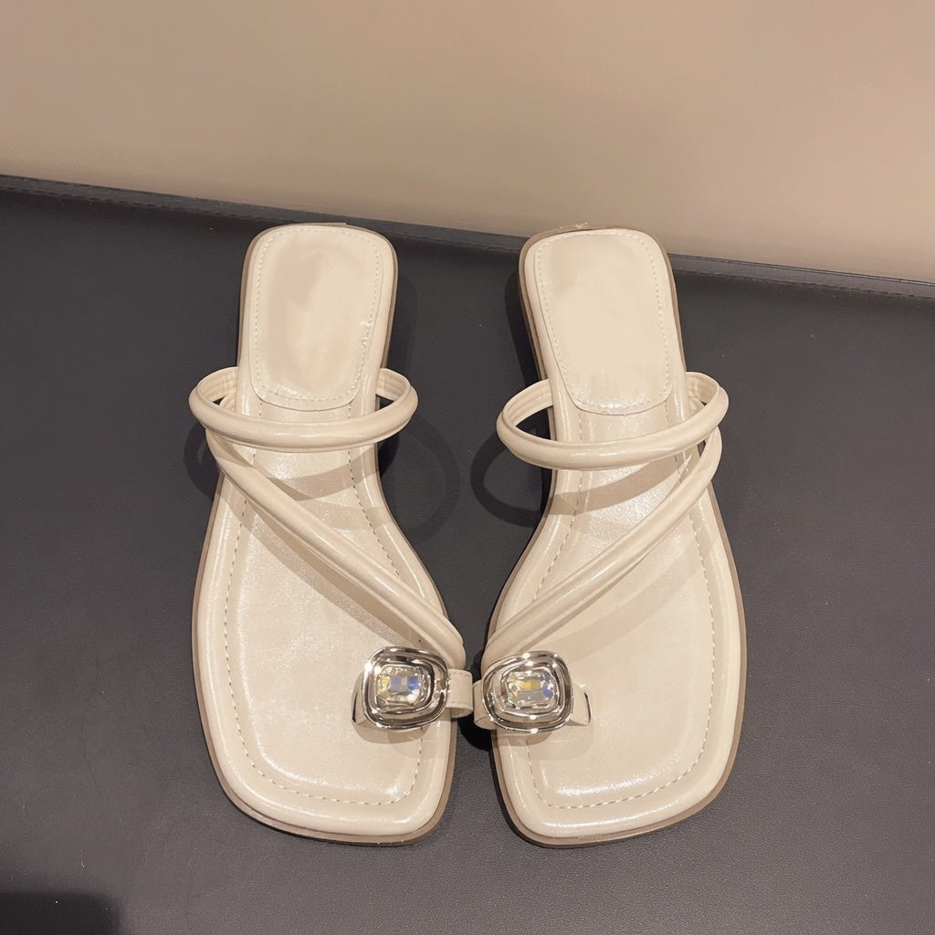 Square Toe Crystal Toe Loop Slide Sandals