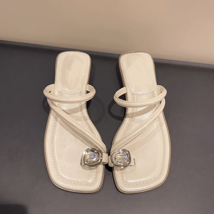 Square Toe Crystal Toe Loop Slide Sandals