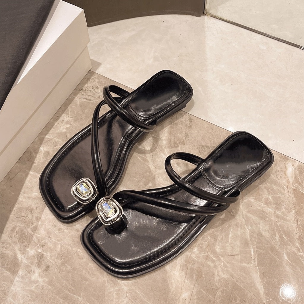 Square Toe Crystal Toe Loop Slide Sandals